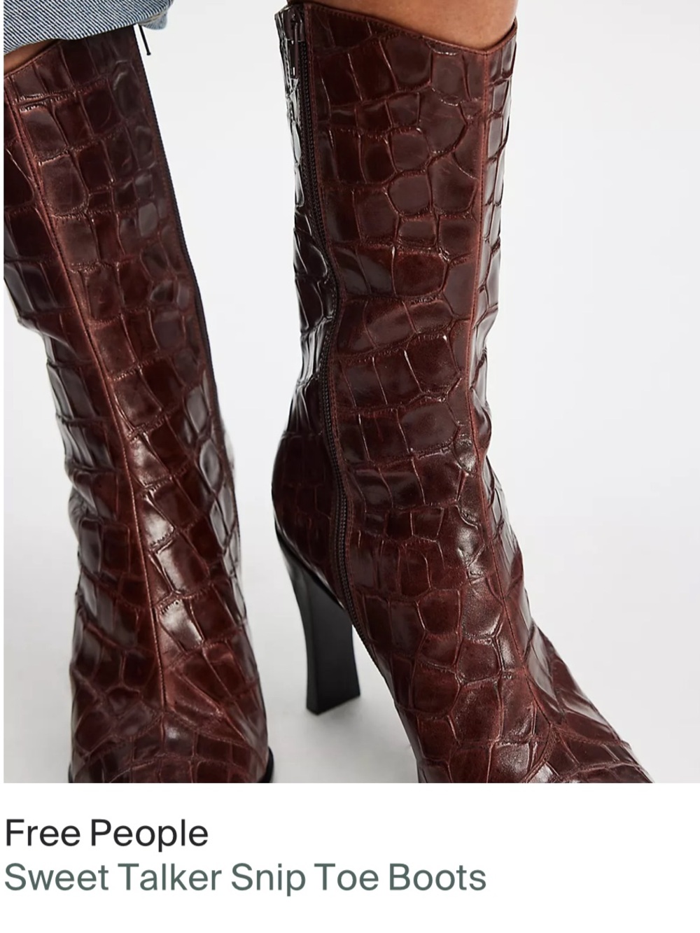 Free People Dark Brown Croc-Embossed Pointed-Toe Mid-Calf Boots